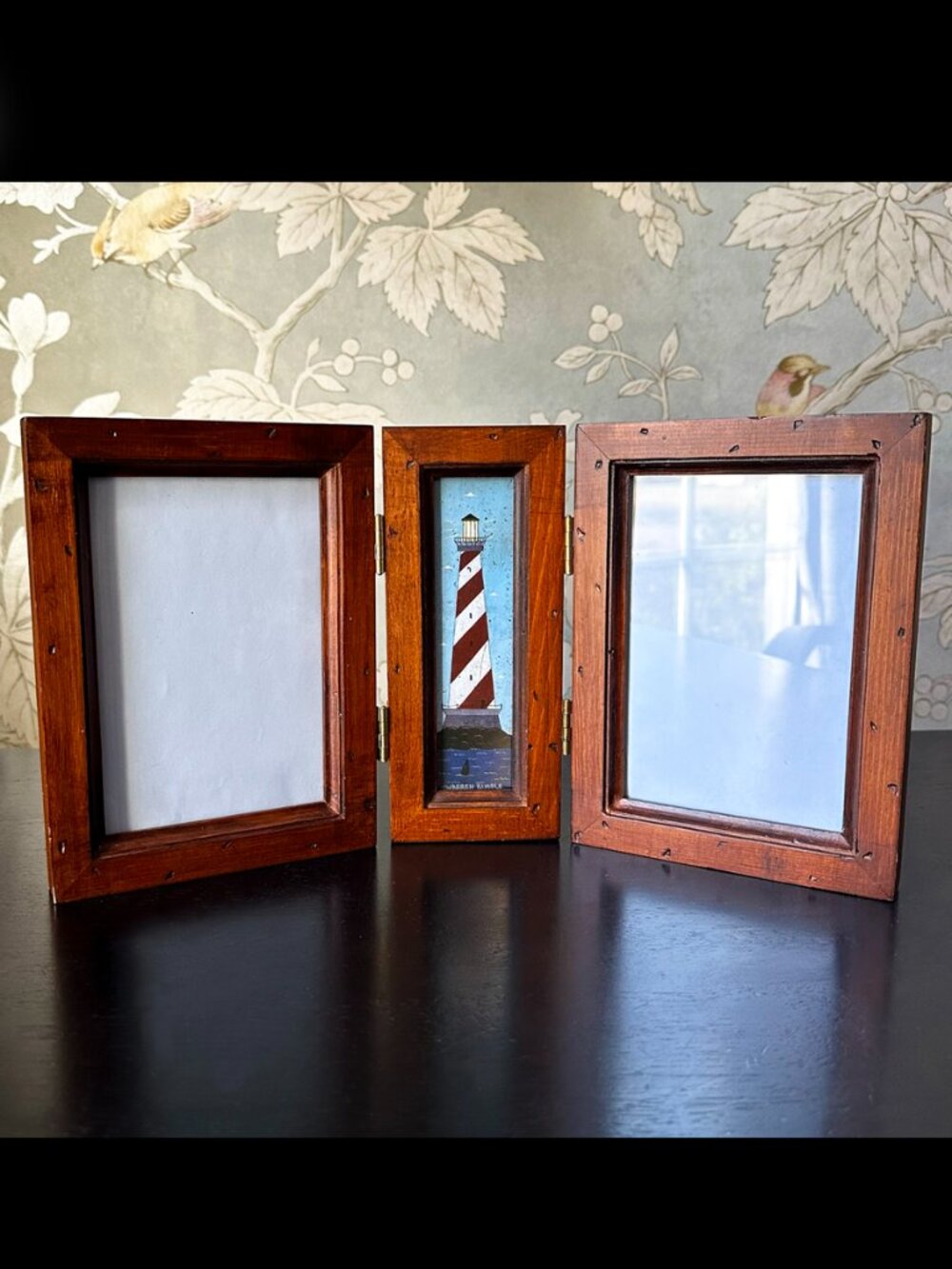 Vintage Warren Kimble Lighthouse Trifold Wood Picture Frame Holds Two 4x6 Photos